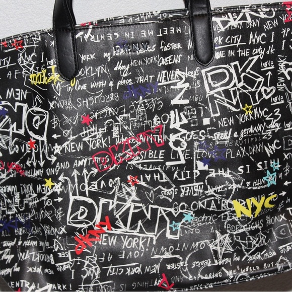 DKNY Ashlee Graffiti Tote Bag NYC Black Multicolor Women’s Purse - Picture 3 of 7